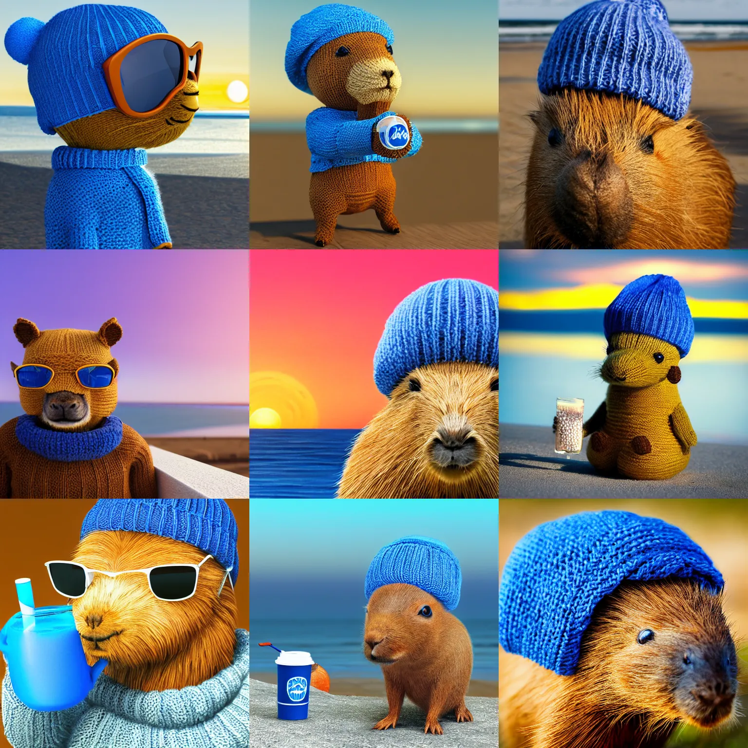 Prompt: a photorealistic picture of a knitted cute Capybara wearing sunglasses and dressed in a blue beanie cap. The Capybara is also drinking a refreshing drink at the beach during sunset. The image is Trending on Artstation, featured on Behance, well-rendered, fine detail, extra crisp image, Unreal Engine, 4K HD