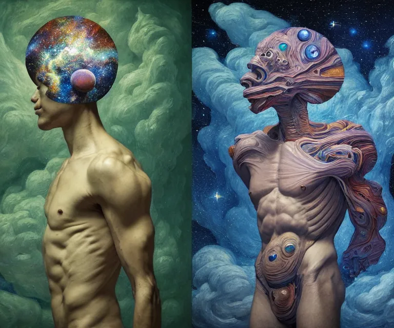 Image similar to hyper detailed 3d render like a Oil painting - atlas dramatically supporting the galaxy on his shoulders, by Jacek Yerka, Mariusz Lewandowski, Houdini algorithmic generative render, Abstract brush strokes, Masterpiece, Edward Hopper and James Gilleard, Zdzislaw Beksinski, Mark Ryden, Wolfgang Lettl, hints of Yayoi Kasuma, octane render, 8k