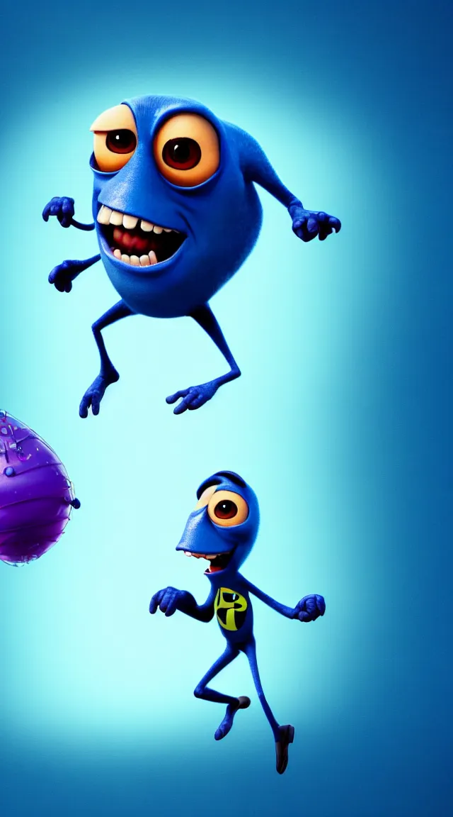 Image similar to a full studio shot of an airborne virus as a pixar character against a dark cyan backdrop. its cute, evil and adorable. hyper realistic photo, full color, upscale, 8 k.