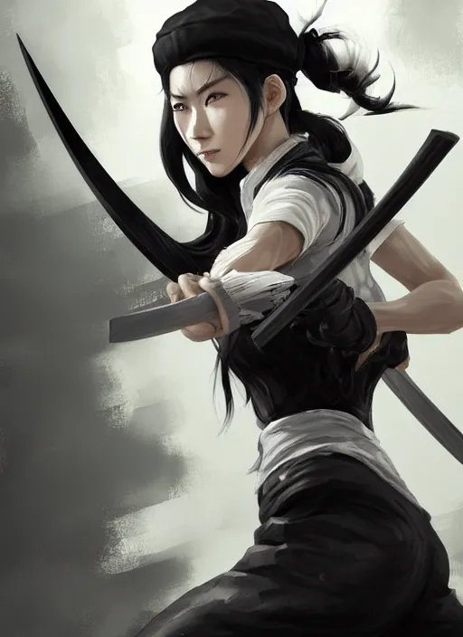 Image similar to a highly detailed illustration of fierce messy ponytail black haired one armed delinquent japanese woman wearing white cap wearing long white jacket, dramatic wielding katana pose, muscular, intricate, elegant, highly detailed, centered, digital painting, artstation, concept art, smooth, sharp focus, league of legends concept art, wlop.