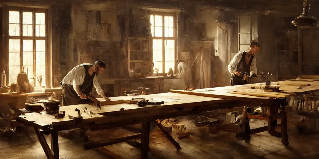 Image similar to simple craftsman fine woodworker building a wooden table in their well lit clean open workshop, art by anders zorn, wonderful masterpiece by greg rutkowski, beautiful cinematic light, american romanticism thomas lawrence, greg rutkowski