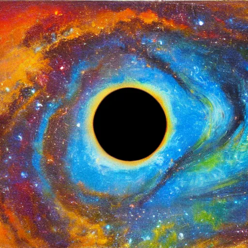 Image similar to black hole swallowing up a whole galaxy, duochromatic, complementary colors, impressionist oil painting