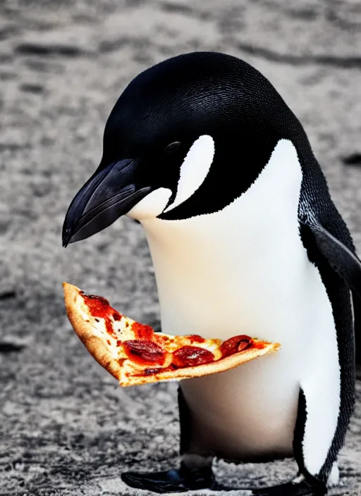 Image similar to photo of a penguin eating a pizza slice