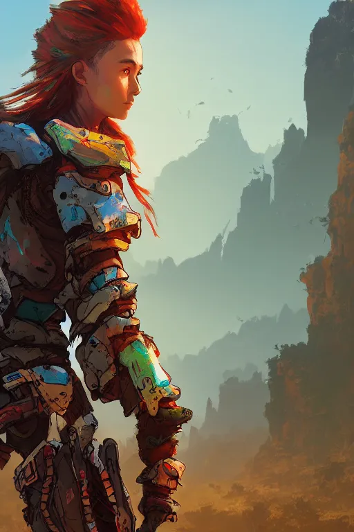 Image similar to combination suit armor aloy horizon forbidden west horizon zero dawn radiating a glowing aura global illumination ray tracing hdr fanart arstation by ian pesty and alena aenami artworks in 4 k tribal robot ninja mask helmet backpack