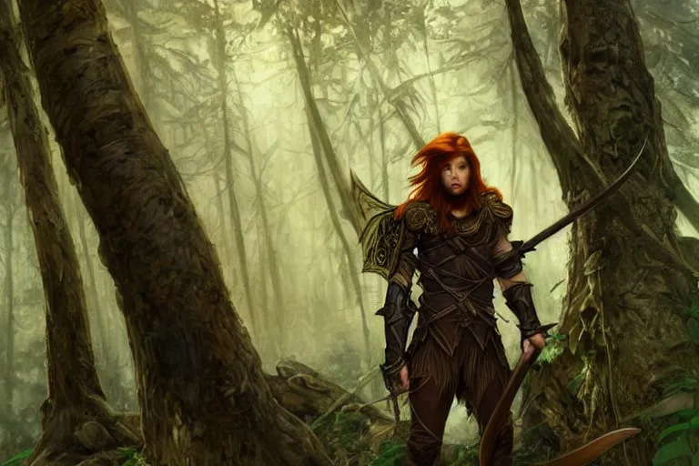 Image similar to male wood elf ranger with long auburn hair wearing an eye patch and leather armor, armed with glaive, in an ancient, mysterious forest at dusk, fantasy, intricate, elegant, highly detailed, digital painting, artstation, concept art, matte, sharp focus, illustration, art by roberto ferri and greg rutkowski and alphonse mucha