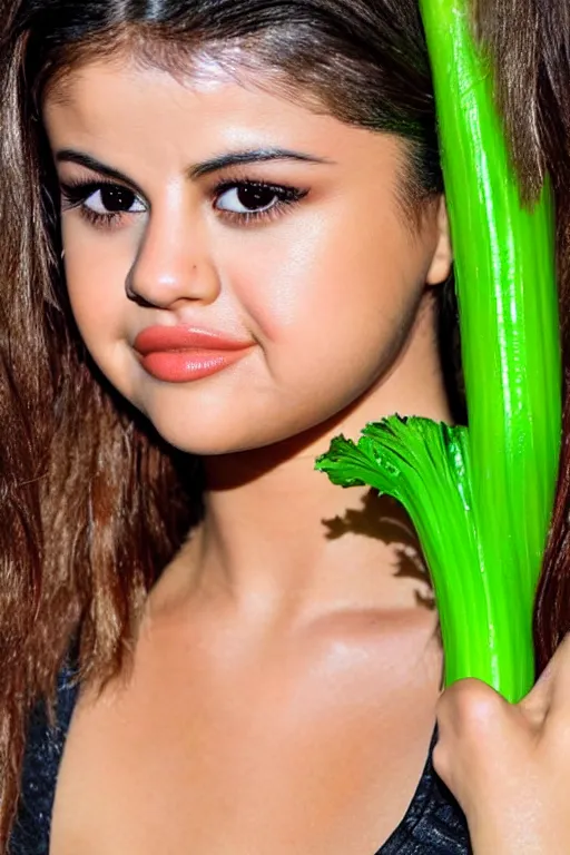 Image similar to selena gomez made out of celery, a human face with celery for hair, a bunch of celery sitting on a cutting board, professional food photography, selena gomez wearing green body paint