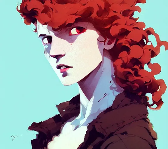 Image similar to portrait man with red curly hair and bright eyes, by atey ghailan, by greg rutkowski, by greg tocchini, by james gilleard, by joe fenton, by kaethe butcher, by ashley wood, dynamic lighting, gradient light blue, brown, blonde cream and white color scheme, grunge aesthetic