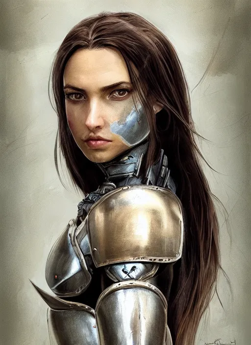 Image similar to a professionally painted portrait of an attractive young girl, partially clothed in battle armor, olive skin, long dark hair, beautiful bone structure, symmetrical facial features, intricate, elegant, digital painting, concept art, illustration, smooth, sharp focus, finely detailed, beautifully framed, from Metal Gear, in the style of Artgerm and Greg Rutkowski and William-Adolphe Bouguerea