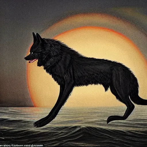 Prompt: huge black fenrir wolf with many long paws in a jump, flying over the horizon, mouth open, biting the little red sun in his teeth, over the expanses of the raging sea, – h 6 4 0 – 1 0 2 4 – c 1 0. 0 – n 4 – i – s