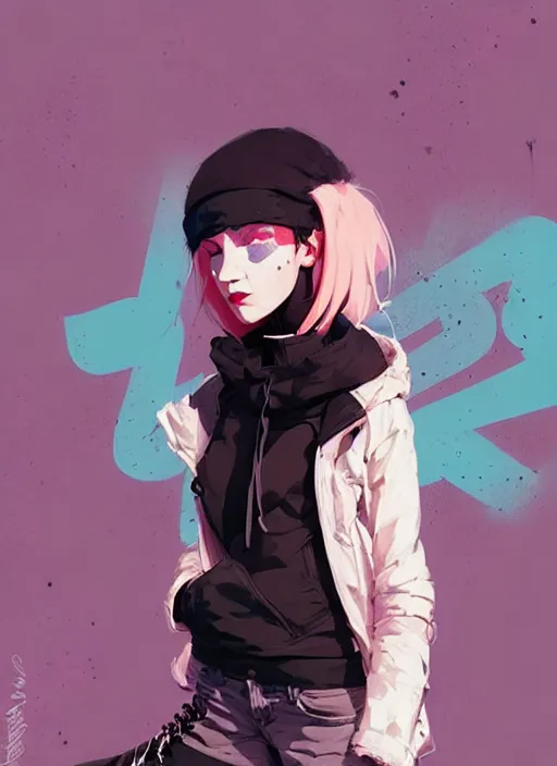 Image similar to highly detailed portrait of a urban punk lady student, blue eyes, hoodie, white hair by atey ghailan, by greg rutkowski, by greg tocchini, by james gilleard, by joe fenton, by kaethe butcher, gradient black, brown and pink color scheme, grunge aesthetic!!! ( ( graffiti tag wall background ) )