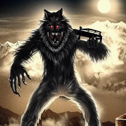 Image similar to a fearsome werewolf holding an ak - 4 7 in one hand and a elecric guitar in the other a full moon shies behind him, darkcinematic scene, super detailed, hyper realistic