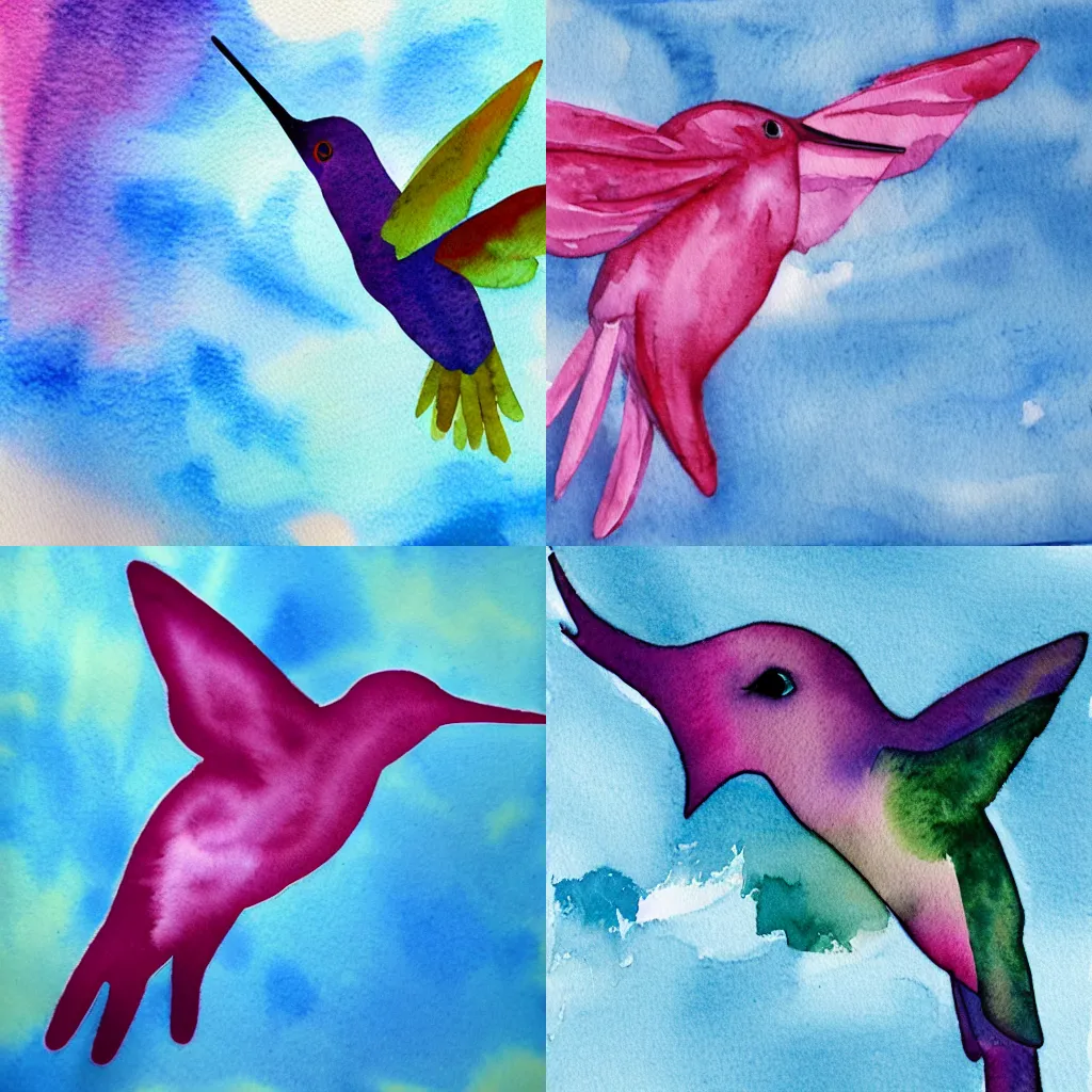 Prompt: a tissue paper hummingbird flying in a watercolor sky