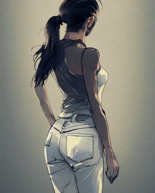 Image similar to a ultradetailed beautiful back painting of a stylish woman with white hair in a short pony tail, she is wearing jeans, by conrad roset, greg rutkowski and makoto shinkai trending on artstation