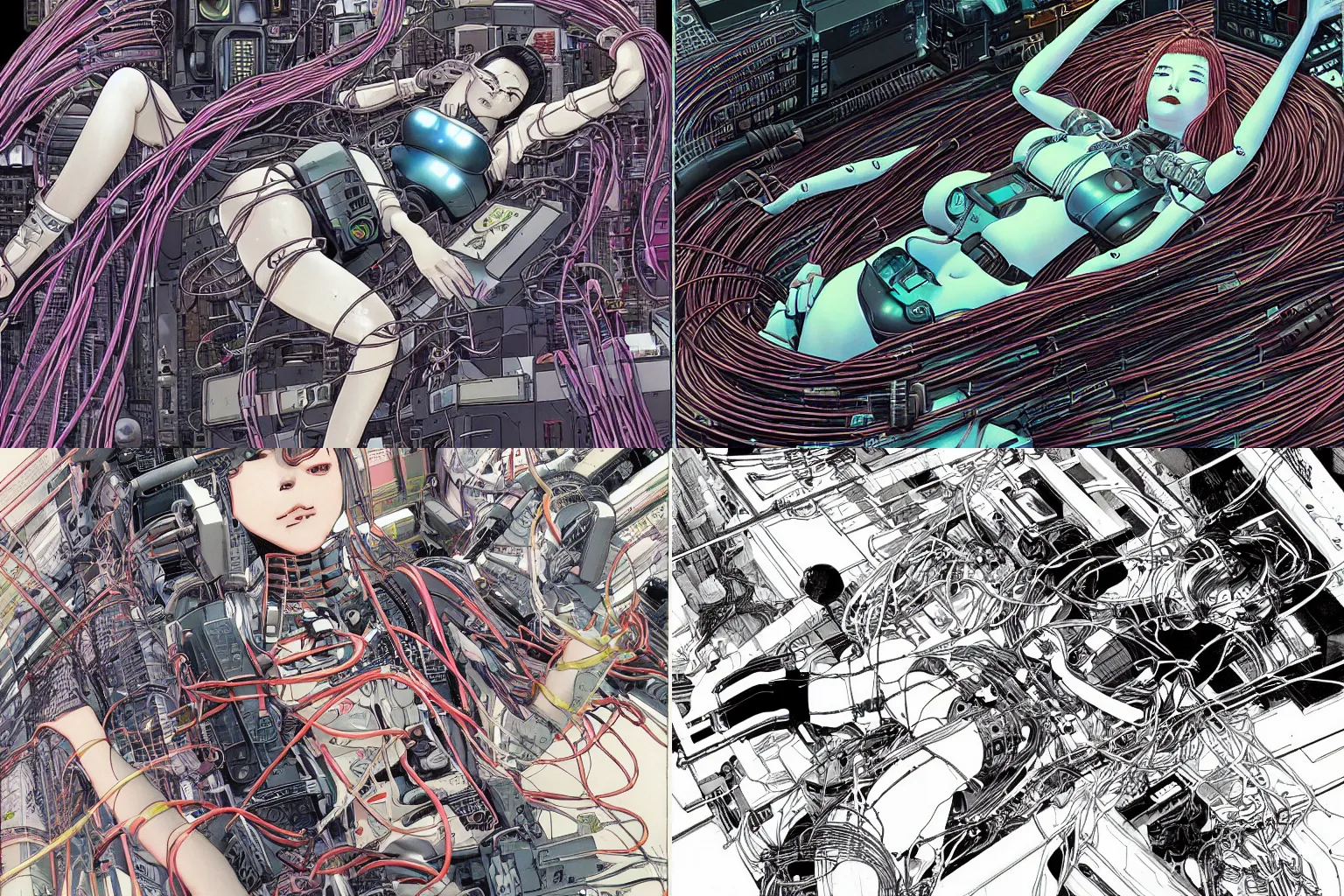 Prompt: an intricate, awe inspiring cyberpunk illustration of a female android body lying open on a labor floor, wires and cables coming out, by masamune shirow and katsuhiro otomo ((colorful))