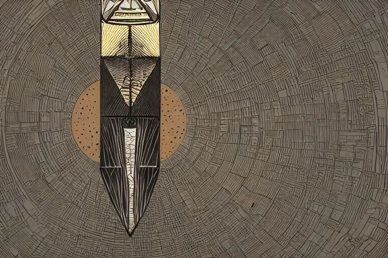 Prompt: Totem of the techno monolith of radial geometric sun above angular geological bedrock with a detailed technology embedded within it , black fine lines on damaged vintage tape , warm brown, geocore, geopunk , Pascal Blanché, trending on artstation
