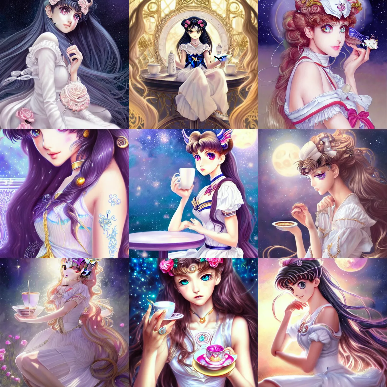 Prompt: beautiful detailed sailor moon aesthetic, beautiful detailed fantasy, beautiful detailed intricate, beautiful detailed elegant, highly detailed, beautiful detailed digital painting, artstation, beautiful detailed concept art, matte, sharp focus, beautiful detailed illustration, a beautiful girl with long dark hair and bangs, wearing a white dress, sitting alone in a cafe, highly detailed art by Artgerm and Greg Rutkowski and Alphonse Mucha