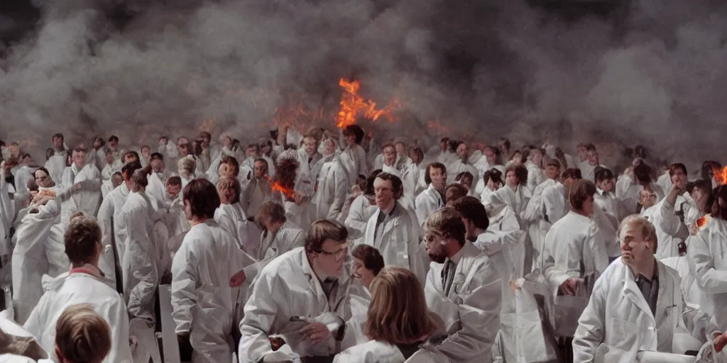 Prompt: filmic closeup dutch angle movie still 4k UHD 35mm film color photograph of a crowd of doctors burning alive inside of a science lab , in the style of a 1980s horror film