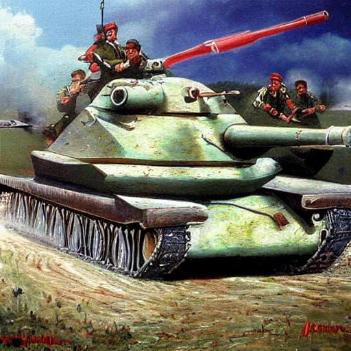 Image similar to soviet tank attack, battle painting by Mikhail Avilov