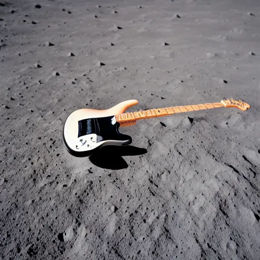 Image similar to real photo of a stratocaster electric guitar sitting idle on the moon. detailed. 8k