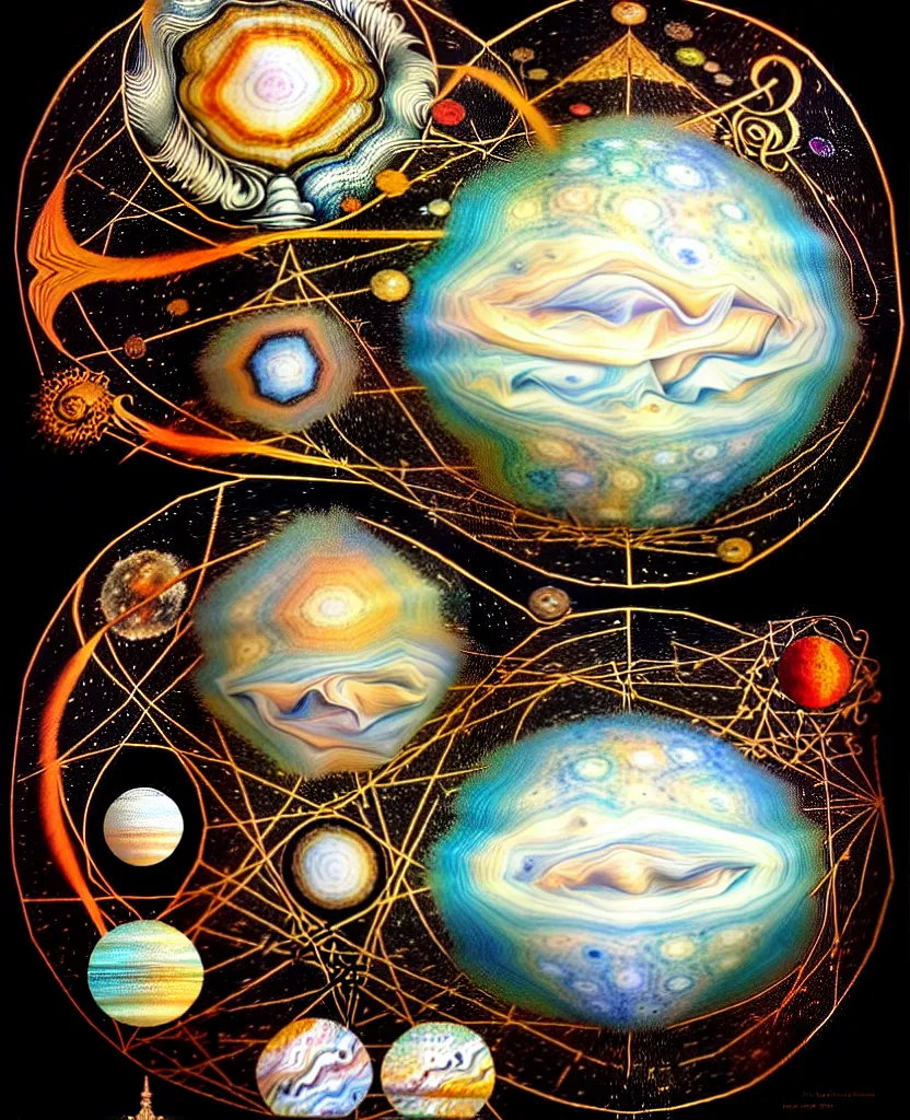 Image similar to whimsical uncanny creature alchemizes unique canto about'as above so below'being ignited by the spirit of haeckel and robert fludd, breakthrough is iminent, glory be to the magic within, to honor jupiter, painted by ronny khalil