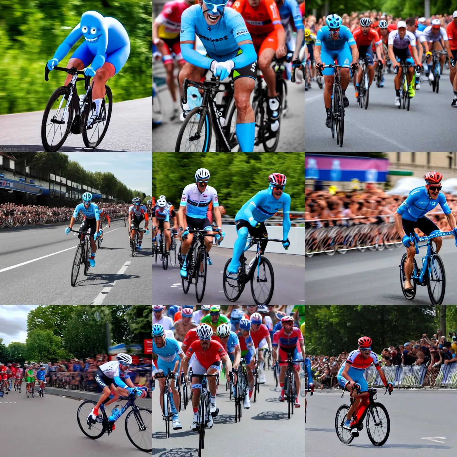 Prompt: mr meseeks riding a bike in the tour de france, action shot, high quality, high resolution