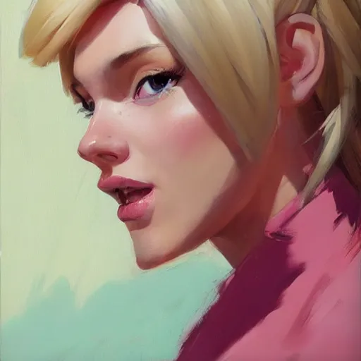 Image similar to greg manchess portrait painting of woman with blonde hair and bangs wearing a pink dress as overwatch character, medium shot, asymmetrical, profile picture, organic painting, sunny day, matte painting, bold shapes, hard edges, street art, trending on artstation, by huang guangjian and gil elvgren and sachin teng