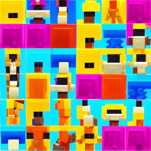 Image similar to block figures looking like roblox figures who are (playing with a computer)!! in a block world, having fun in the sun, bright and fun colors
