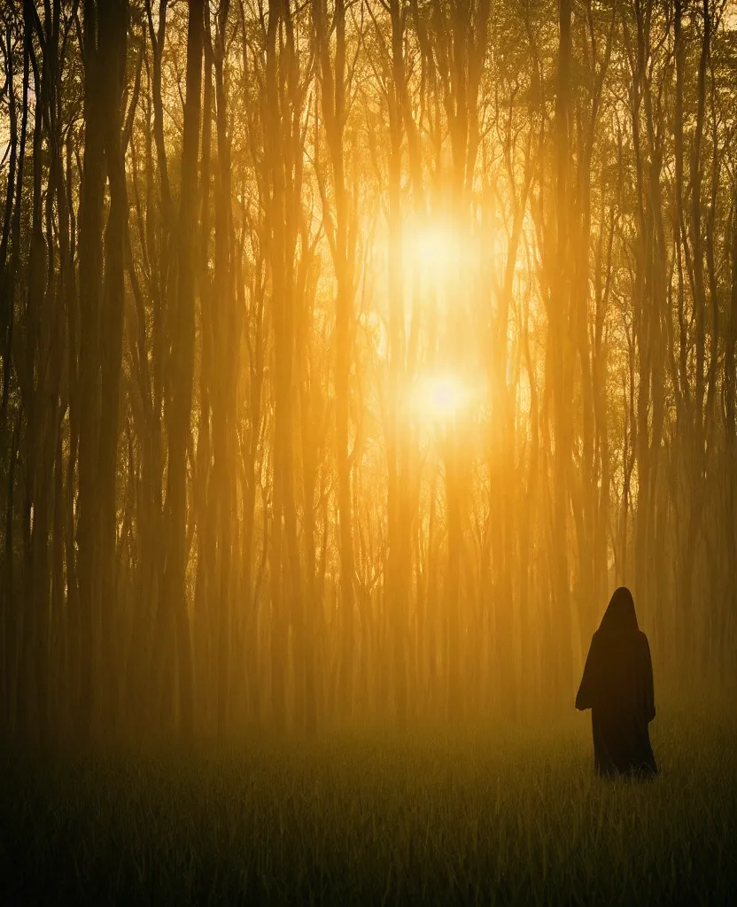 Prompt: “ a cloaked woman walking on a tall grass field during a misty sunset surrounded by a tall forest ”