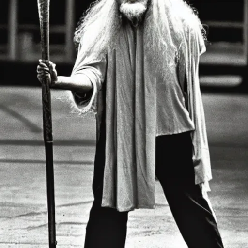 Prompt: Gandalf working as a school janitor circa 1985