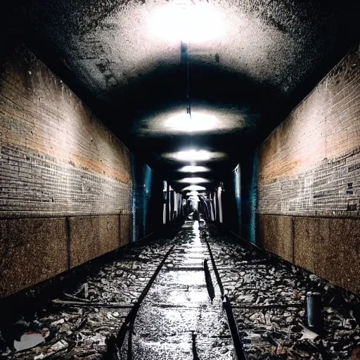 Image similar to dark partially flooded subway tunnel, eerie, creepy, spooky, liminal, liminal space, surreal,