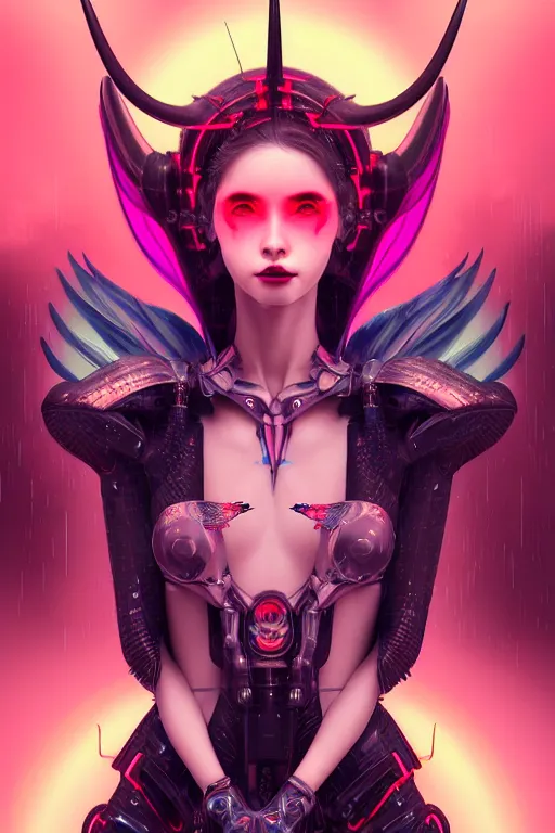 Image similar to portrait futuristic Devil Girl with horns and wings and feathers and armor , in future cyberpunk tokyo rooftop , ssci-fi, fantasy, intricate, very very beautiful, elegant, human anatomy, human structure, neon light, highly detailed, digital painting, artstation, concept art, smooth, sharp focus, illustration, art by tian zi and WLOP and alphonse mucha