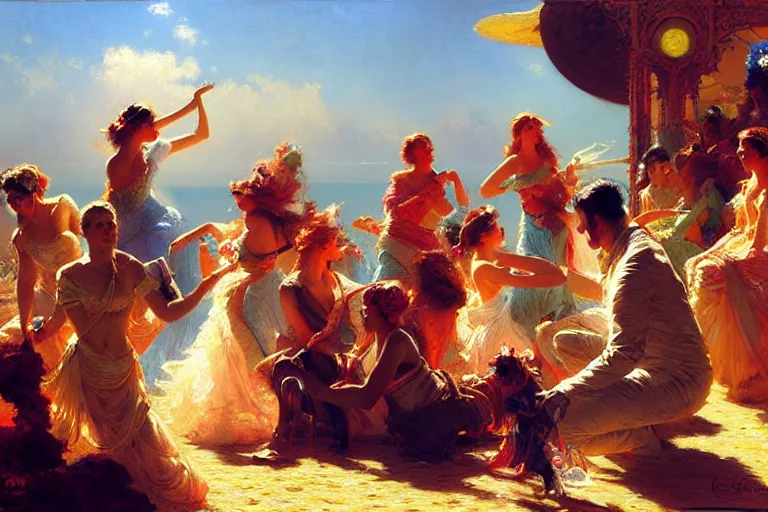 Prompt: techno party, vibrant colors and hard shadows and strong rim light, light blue sky, cool white color temperature, painting by gaston bussiere, craig mullins, j. c. leyendecker