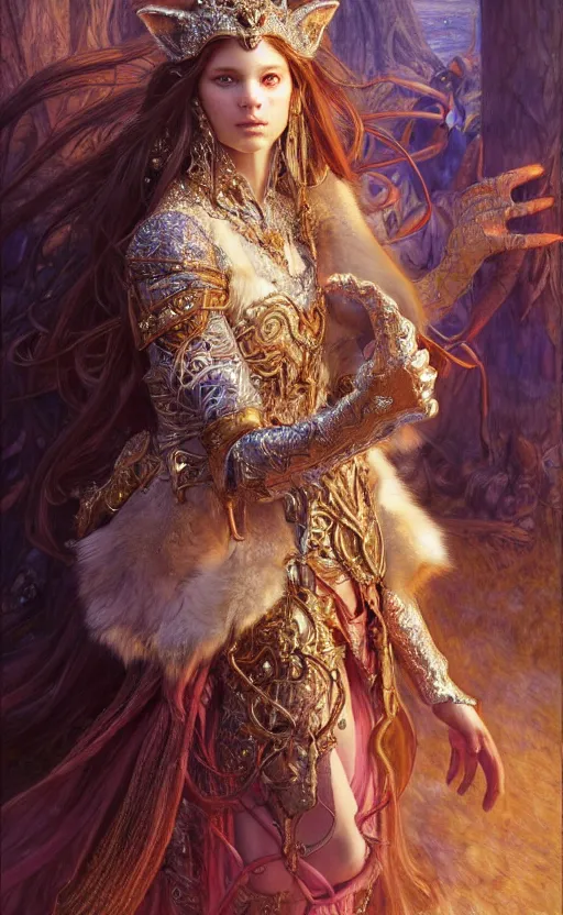 Image similar to highly detailed full shot portrait of a enchanted wolf in the form of a beautiful young princess. d & d, art by donato giancola and ruan jia and carl larsson and magali villeneuve. trending on artstation, intricate details, energetic composition, golden ratio, concept art, illustration, elegant art