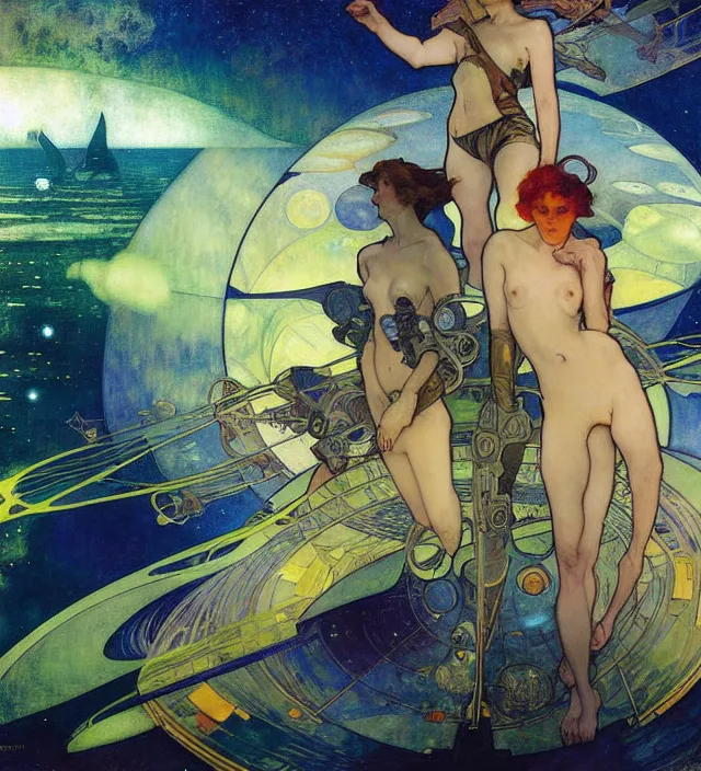 Image similar to spaceship war in the ocean planet, solarpunk style,, by egon shiele and alphonse mucha, with influence of jeremy mann, peter lindbergh, dave mckean, maurice sapiro, and frank moth, soft lightning, highly detailed, 8 k