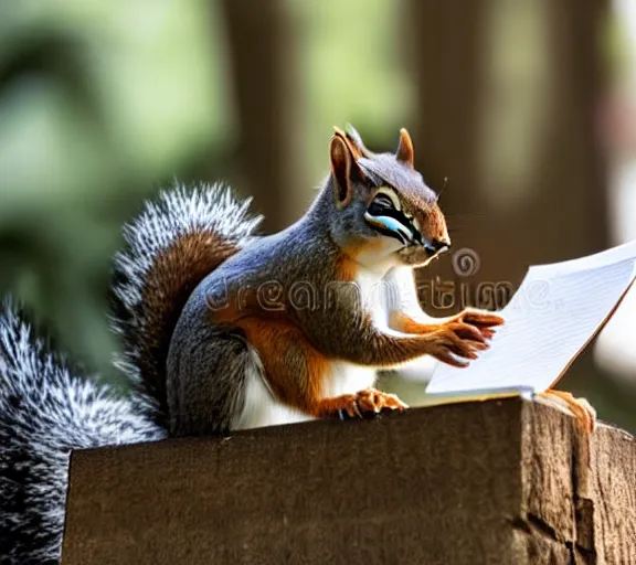 Prompt: a squirrel doing his taxes, 4 k, stock photography, sunlight coming through a window, very detailed,