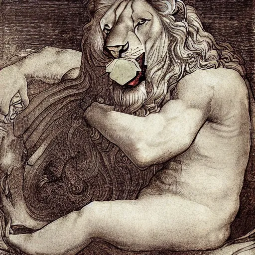 Prompt: a lion with a massive headache by da vinci