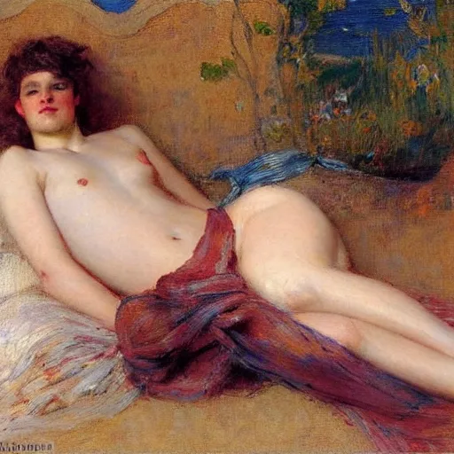 Prompt: a young person, half male and half female, gaston bussiere, reclining