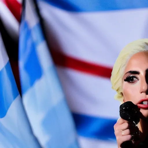 Image similar to Lady Gaga as president, Argentina presidential rally, Argentine flags behind, bokeh, giving a speech, detailed face, Argentina