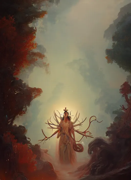 Image similar to Gigantic Deity with a halo made of antlers and translucent mushrooms, extremly detailed digital painting, in the style of Fenghua Zhong and Ruan Jia and Jeremy Lipking and Peter Mohrbacher, mystical colors, rim light, beautiful lighting, 8k, stunning scene, raytracing, octane, trending on artstation