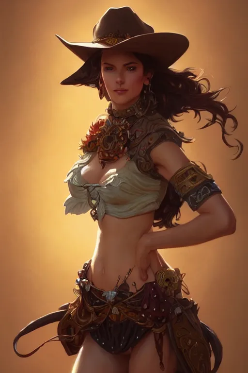 Image similar to beautiful female cowgirl, full body shot, d & d, fantasy, intricate, elegant, highly detailed, digital painting, artstation, concept art, matte, sharp focus, illustration, hearthstone, art by artgerm and greg rutkowski and alphonse mucha