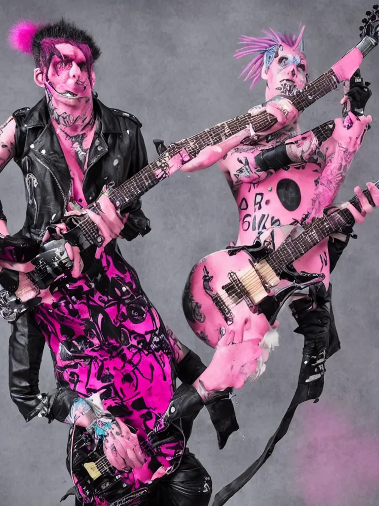 Prompt: a singular Punk rock Frankenstein with a pink mohawk playing guitar