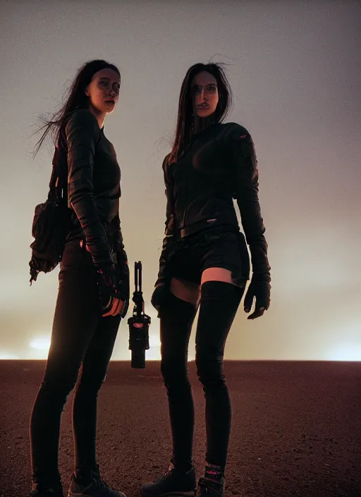 Image similar to cinestill 5 0 d photographic portrait of two loving female androids wearing rugged black techwear on a desolate plain with a red sky, extreme closeup, cyberpunk style, in front of a brutalist dark metal facility, dust storm, 8 k, hd, high resolution, 3 5 mm, f / 3 2, ultra realistic faces, ex machina