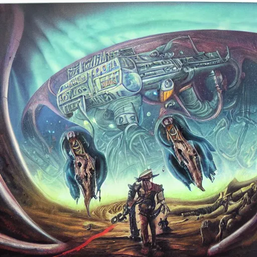 Prompt: the dirdir by jack vance, mike mignogna, highly detailed, vintage dark sci fi, oil painting