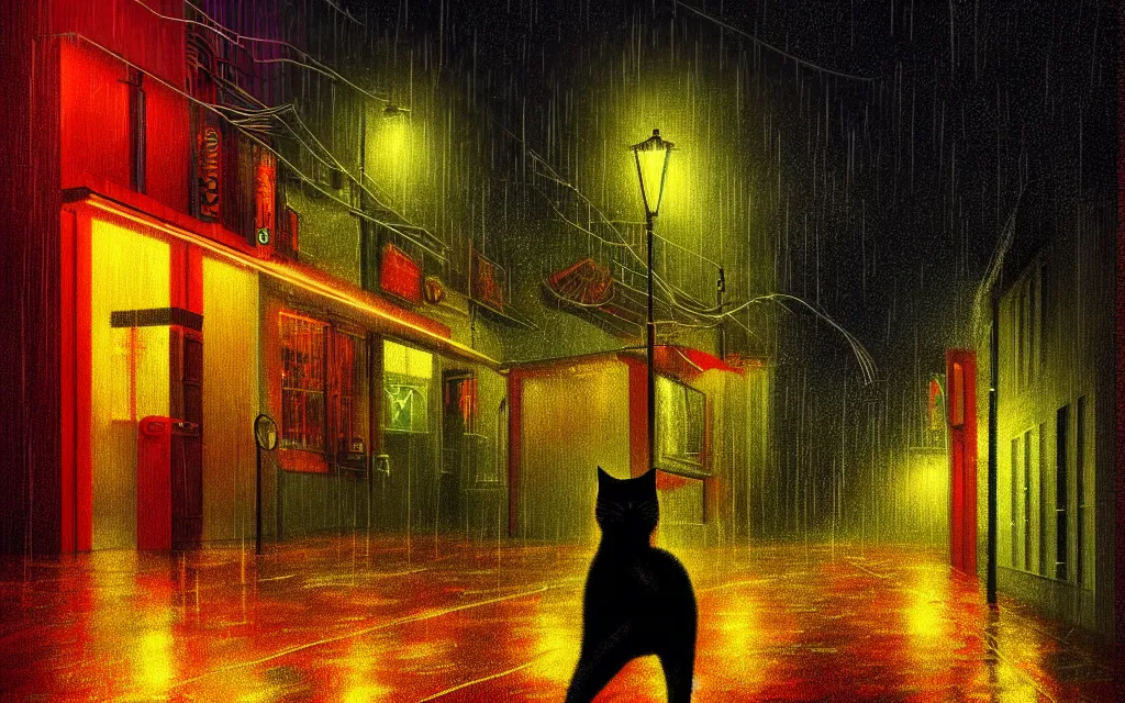 Image similar to black cat running through heavy rain in an emprty neon lit street at night by wlop, ultra detailed color art, high detail, digital art