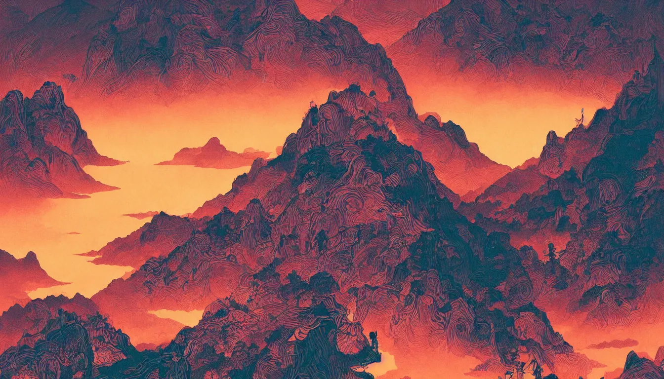 Image similar to sunset in the mountains, chinese ink brush, yukio - e, kilian eng, victo ngai, josan gonzalez