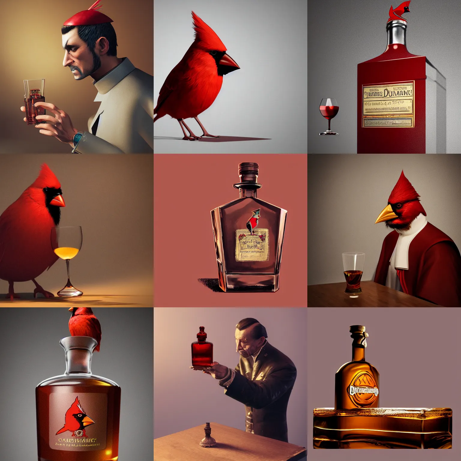 Prompt: a photorealistic image of Cardinal du Four drinking Armagnac from a decanter Trending on Artstation, featured on Behance, well-rendered, Unreal Engine, 4K HD