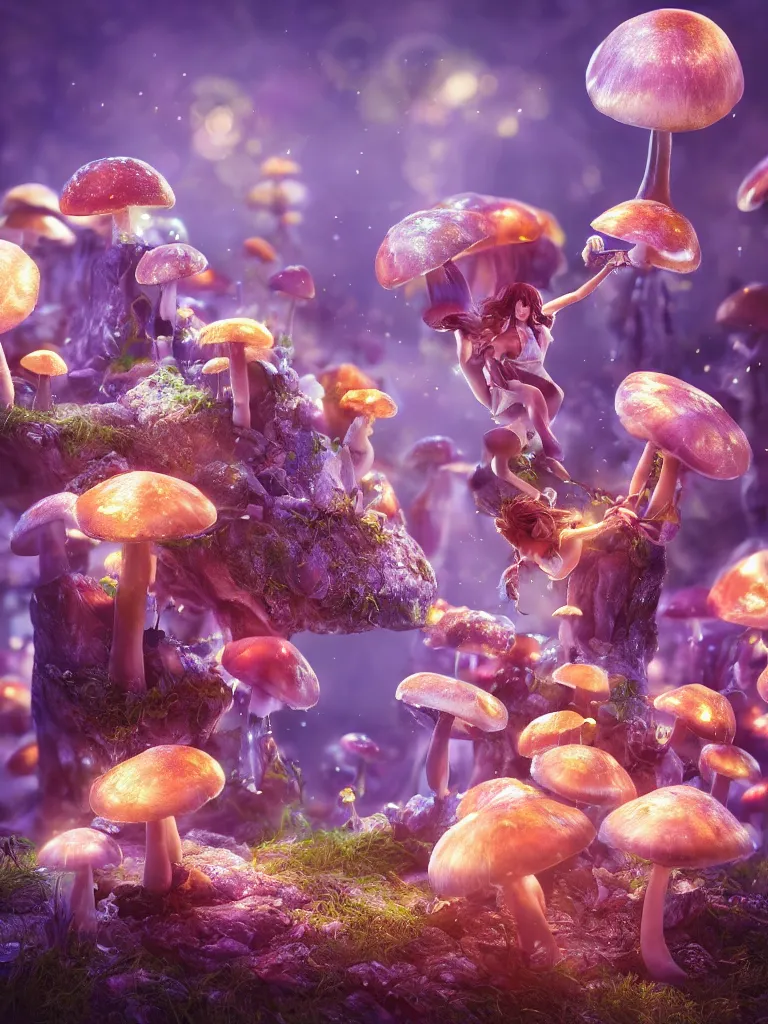 Image similar to fairy's dance in delight around a complex engine creating mushrooms, by viktoria gavrilenko, octane render, 8 k, beautifully lit