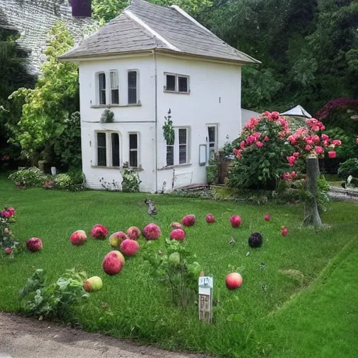 Prompt: A house with a large flower garden and two trees full of apples and pears, top post of all time on /r/curiousplaces subreddit