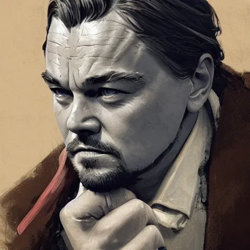 Prompt: weird face leonardo dicaprio makes in the movie django, highly detailed, intricate, digital painting, artstation, sharp focus, illustration, art by jakub rozalski, greg rutkowski, artgerm, tan zi and ayanamikodon and alphonse mucha and wlop