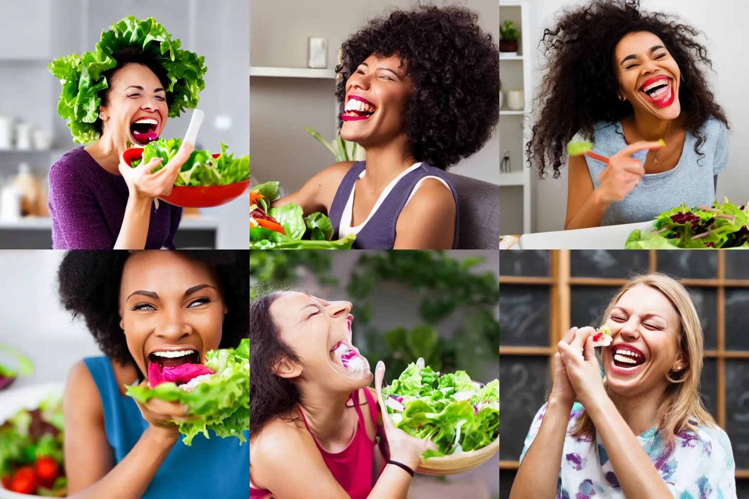 Prompt: a stock image of a lady laughing while eating salad